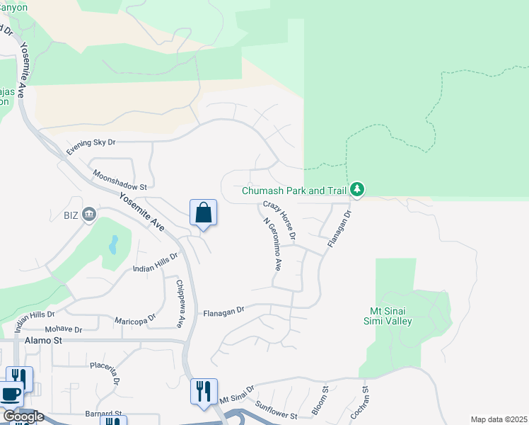 map of restaurants, bars, coffee shops, grocery stores, and more near 3250 North Geronimo Avenue in Simi Valley