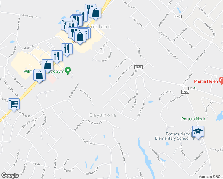 map of restaurants, bars, coffee shops, grocery stores, and more near 8126 Porters Crossing Way in Wilmington