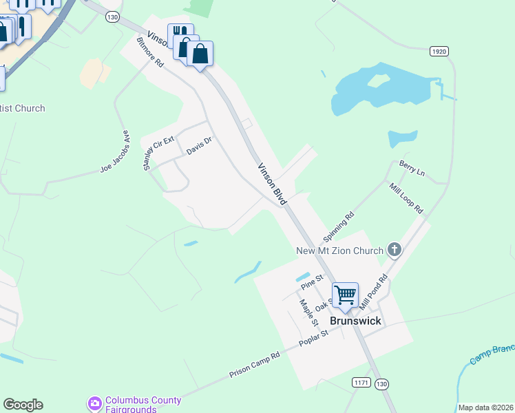 map of restaurants, bars, coffee shops, grocery stores, and more near 790 Bitmore Road in Whiteville