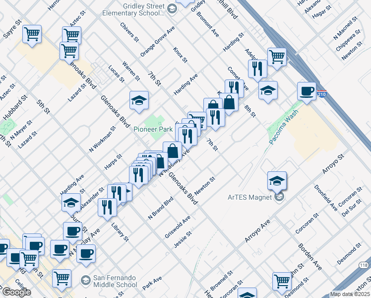 map of restaurants, bars, coffee shops, grocery stores, and more near 901 North Maclay Avenue in San Fernando