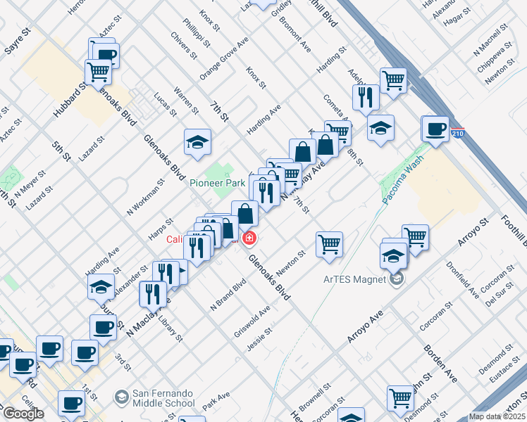 map of restaurants, bars, coffee shops, grocery stores, and more near 926 North Maclay Avenue in San Fernando