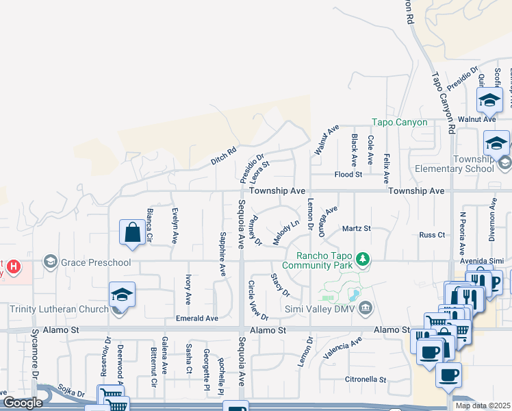 map of restaurants, bars, coffee shops, grocery stores, and more near 3160 Leslie Court in Simi Valley