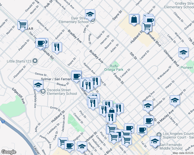 map of restaurants, bars, coffee shops, grocery stores, and more near 14412 Harvest Moon Drive in San Fernando