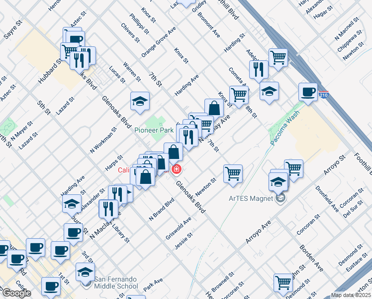 map of restaurants, bars, coffee shops, grocery stores, and more near 901 North Maclay Avenue in San Fernando