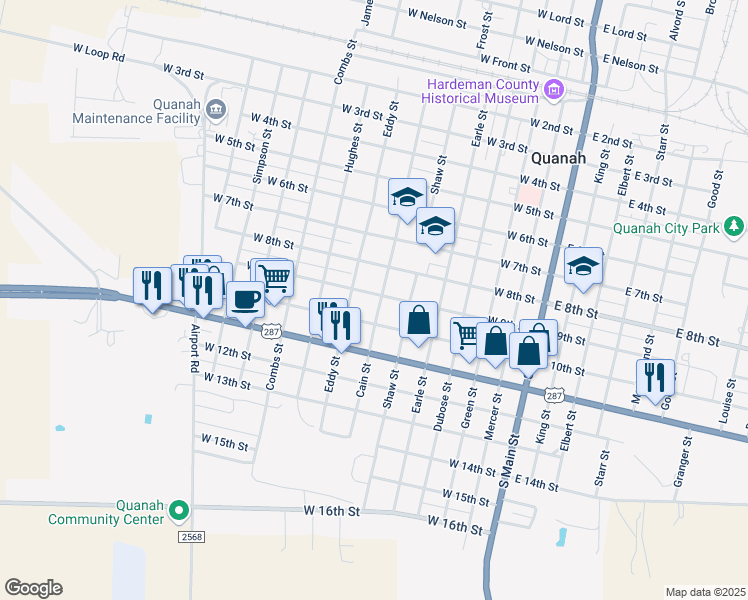 map of restaurants, bars, coffee shops, grocery stores, and more near 900 Cain Street in Quanah