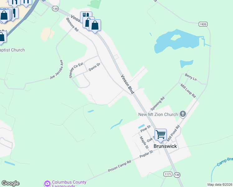 map of restaurants, bars, coffee shops, grocery stores, and more near 64 Twin Pines Road in Whiteville