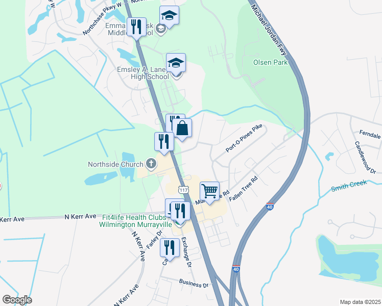 map of restaurants, bars, coffee shops, grocery stores, and more near 2520 North College Road in Wilmington