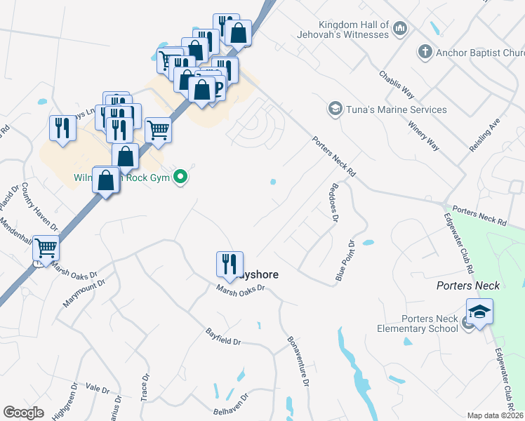 map of restaurants, bars, coffee shops, grocery stores, and more near 8121 Porters Crossing Way in Wilmington