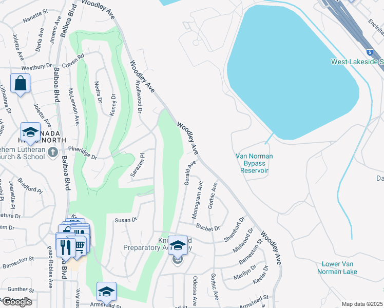 map of restaurants, bars, coffee shops, grocery stores, and more near 12281 Woodley Avenue in Los Angeles
