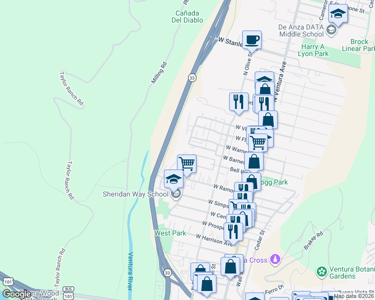 map of restaurants, bars, coffee shops, grocery stores, and more near 885 Riverside Street in Ventura