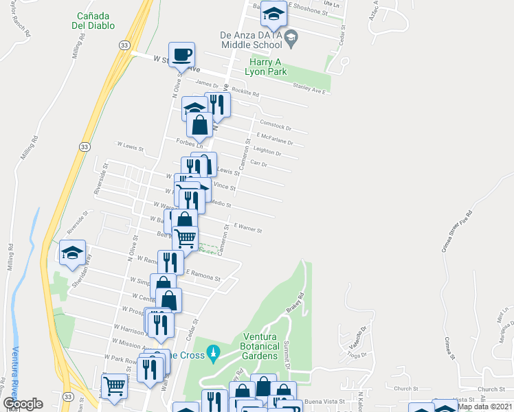map of restaurants, bars, coffee shops, grocery stores, and more near 247 El Medio Street in Ventura