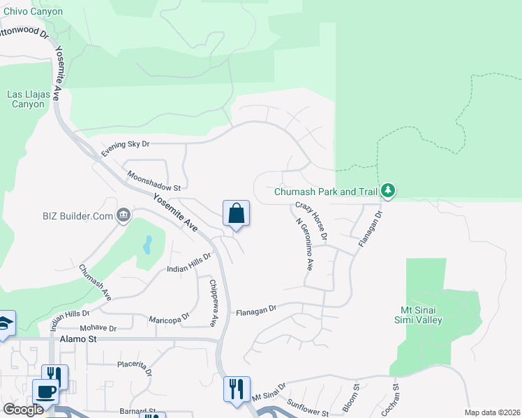 map of restaurants, bars, coffee shops, grocery stores, and more near 3369 Crazy Horse Dr in Simi Valley