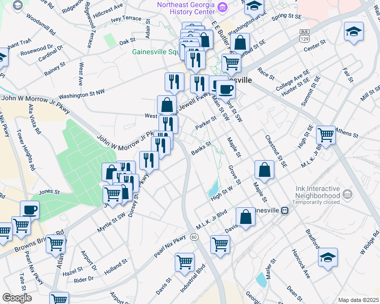 map of restaurants, bars, coffee shops, grocery stores, and more near 528 Banks Street in Gainesville