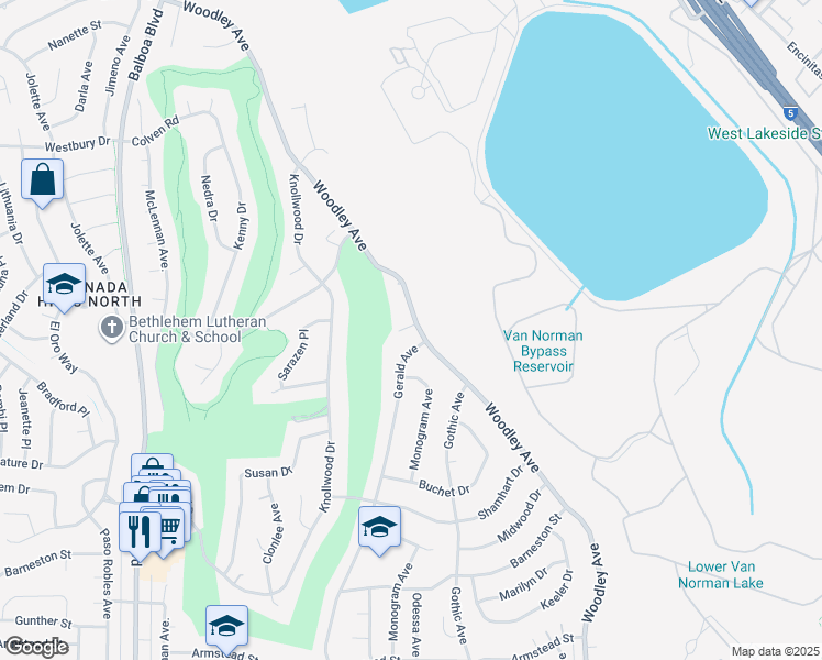 map of restaurants, bars, coffee shops, grocery stores, and more near 12278 Woodley Avenue in Los Angeles