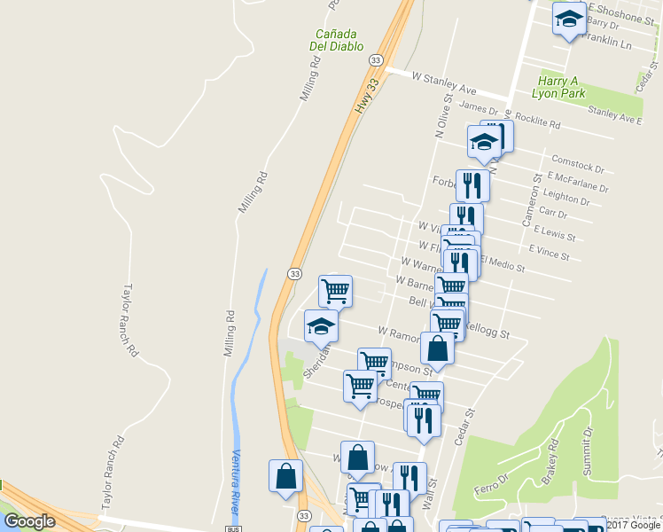 map of restaurants, bars, coffee shops, grocery stores, and more near 873 Riverside Street in Ventura