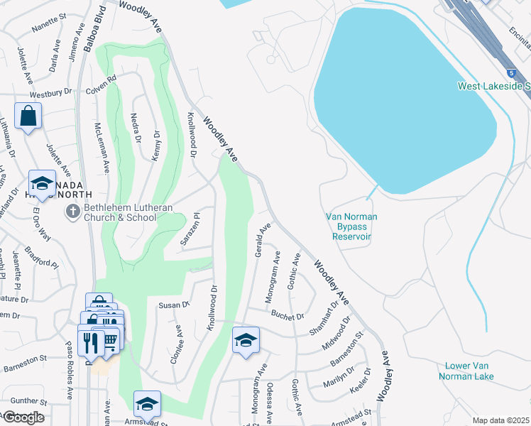 map of restaurants, bars, coffee shops, grocery stores, and more near 12278 Woodley Avenue in Los Angeles