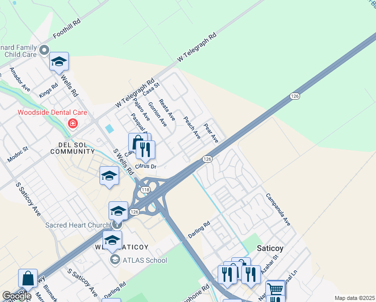 map of restaurants, bars, coffee shops, grocery stores, and more near 11274 Citrus Drive in Ventura