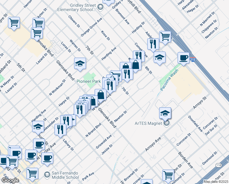 map of restaurants, bars, coffee shops, grocery stores, and more near 926 North Maclay Avenue in San Fernando