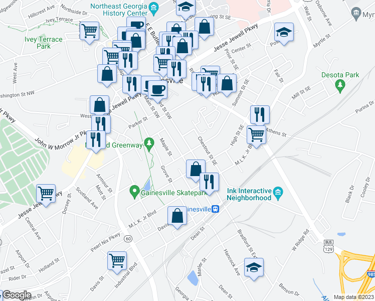 map of restaurants, bars, coffee shops, grocery stores, and more near 730 Bradford Street Southwest in Gainesville