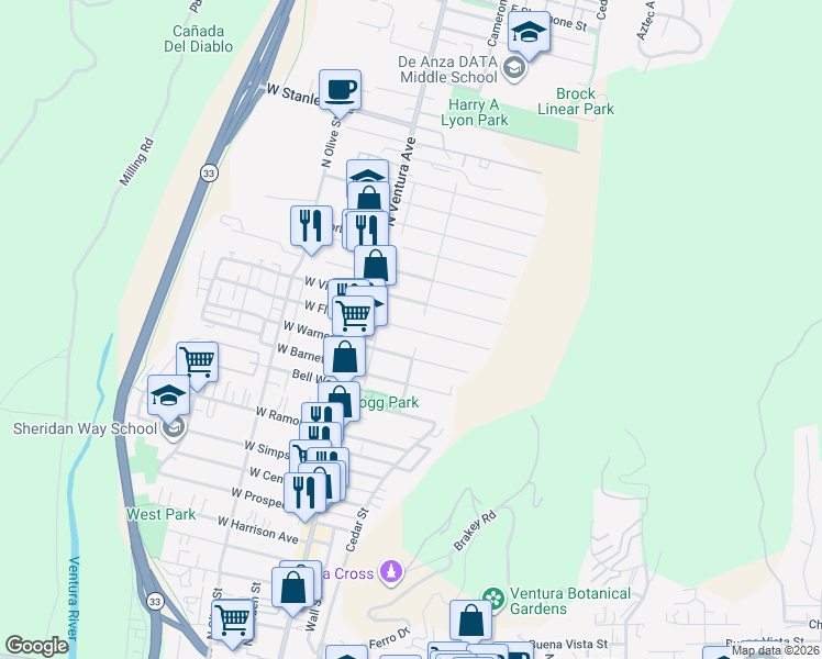 map of restaurants, bars, coffee shops, grocery stores, and more near 123 El Medio Street in Ventura