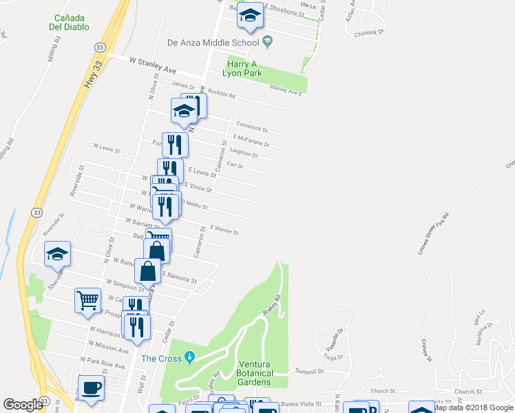 map of restaurants, bars, coffee shops, grocery stores, and more near 342 East Vince Street in Ventura