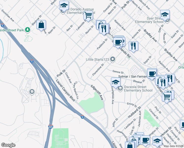 map of restaurants, bars, coffee shops, grocery stores, and more near 15117 Florentine Street in Los Angeles