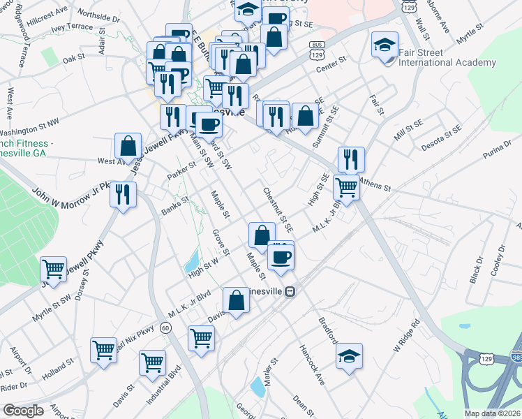 map of restaurants, bars, coffee shops, grocery stores, and more near 755 Bradford Street Southwest in Gainesville