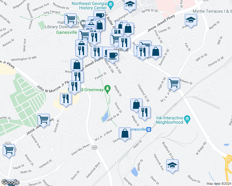 map of restaurants, bars, coffee shops, grocery stores, and more near 702 Maple Street in Gainesville