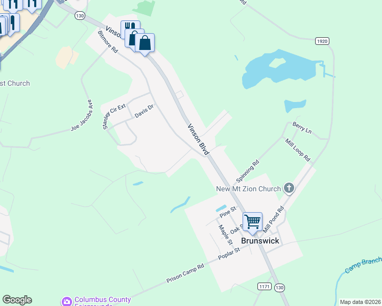 map of restaurants, bars, coffee shops, grocery stores, and more near 790 Bitmore Road in Whiteville
