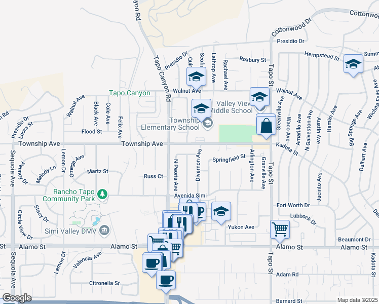 map of restaurants, bars, coffee shops, grocery stores, and more near 4069 Peoria Avenue in Simi Valley