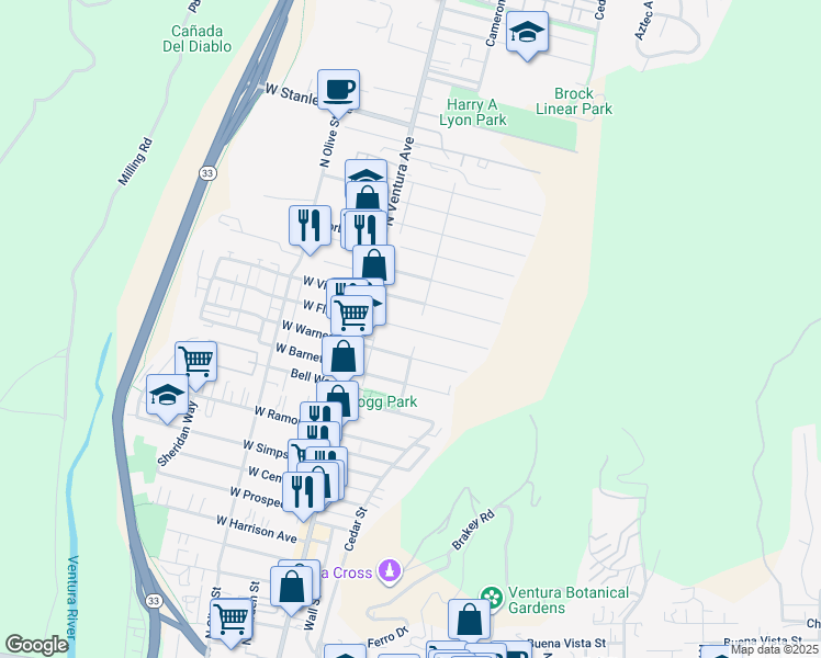 map of restaurants, bars, coffee shops, grocery stores, and more near 125 El Medio Street in Ventura