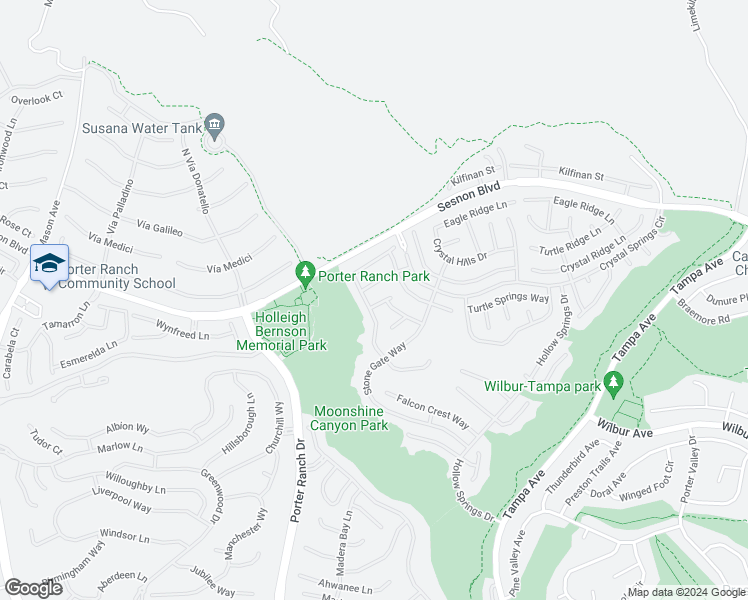 map of restaurants, bars, coffee shops, grocery stores, and more near 19945 Falcon Crest Lane in Los Angeles