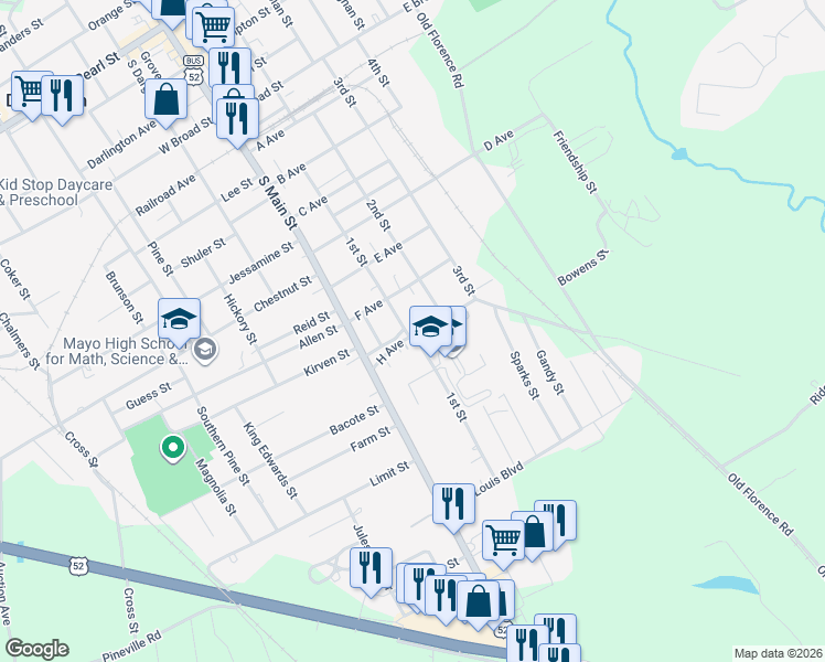 map of restaurants, bars, coffee shops, grocery stores, and more near 201 H Avenue in Darlington