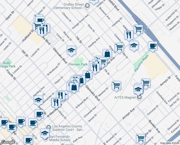 map of restaurants, bars, coffee shops, grocery stores, and more near 856 North Hagar Street in San Fernando