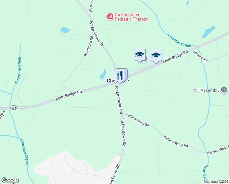 map of restaurants, bars, coffee shops, grocery stores, and more near 7750 Jot Em Down Road in Gainesville