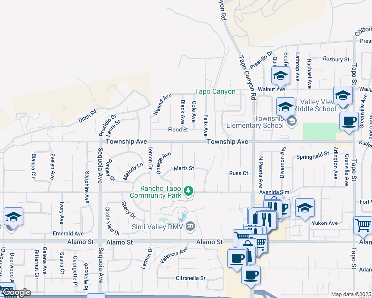 map of restaurants, bars, coffee shops, grocery stores, and more near 3178 Paige Avenue in Simi Valley