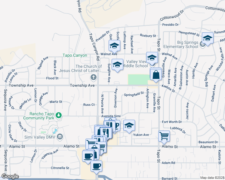 map of restaurants, bars, coffee shops, grocery stores, and more near 4071 Peoria Avenue in Simi Valley