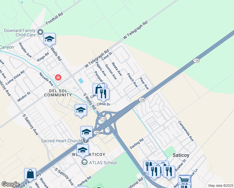 map of restaurants, bars, coffee shops, grocery stores, and more near 45 Pajaro Avenue in Ventura