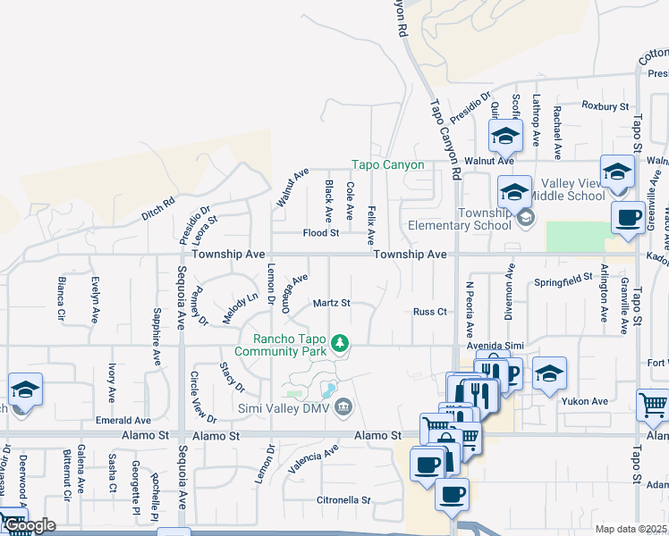 map of restaurants, bars, coffee shops, grocery stores, and more near 3178 Paige Avenue in Simi Valley