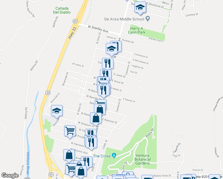 map of restaurants, bars, coffee shops, grocery stores, and more near 42 El Medio Street in Ventura
