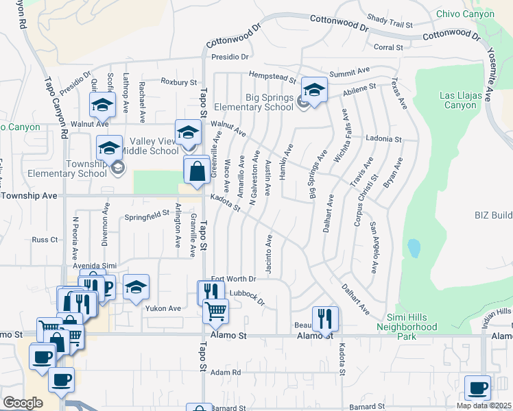 map of restaurants, bars, coffee shops, grocery stores, and more near 3208 Galveston Drive in Simi Valley