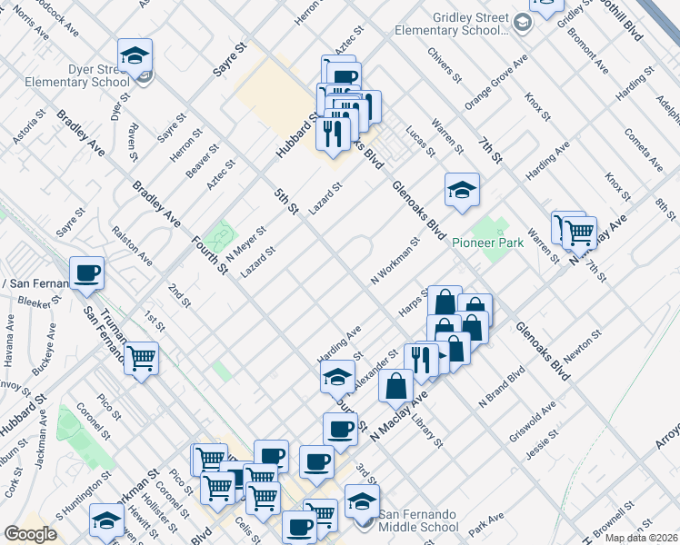 map of restaurants, bars, coffee shops, grocery stores, and more near 551 Fermoore St in San Fernando