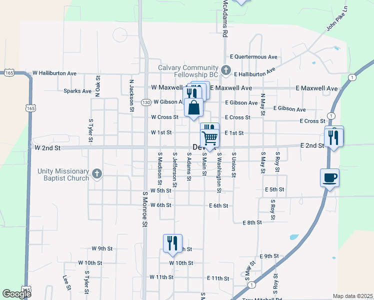 map of restaurants, bars, coffee shops, grocery stores, and more near 215 West 2nd Street in DeWitt