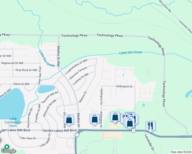 map of restaurants, bars, coffee shops, grocery stores, and more near 144 Malone Drive in Rome