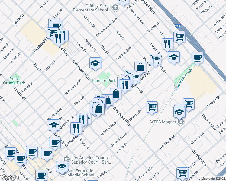 map of restaurants, bars, coffee shops, grocery stores, and more near 856 North Hagar Street in San Fernando