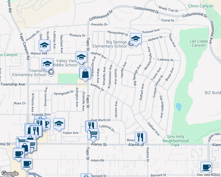 map of restaurants, bars, coffee shops, grocery stores, and more near 3208 Galveston Drive in Simi Valley