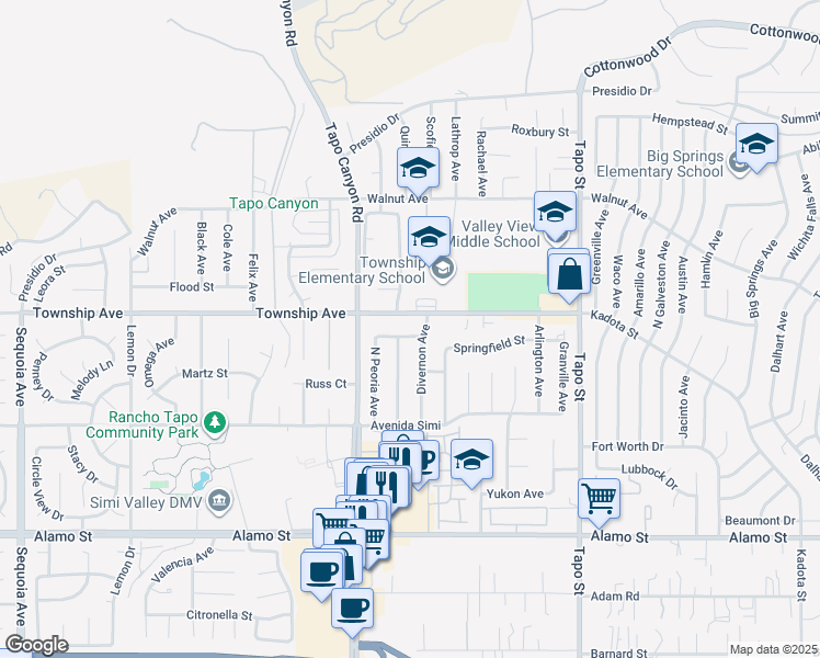 map of restaurants, bars, coffee shops, grocery stores, and more near 4069 Peoria Avenue in Simi Valley