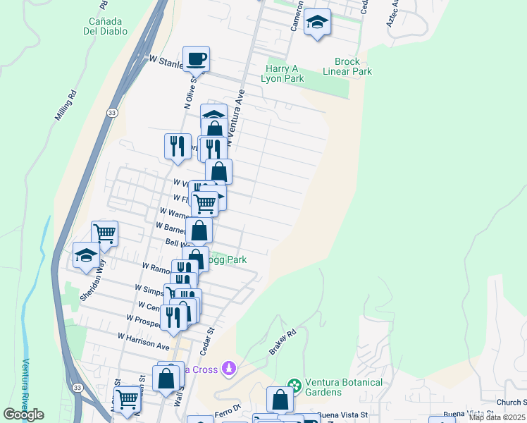 map of restaurants, bars, coffee shops, grocery stores, and more near 247 El Medio Street in Ventura