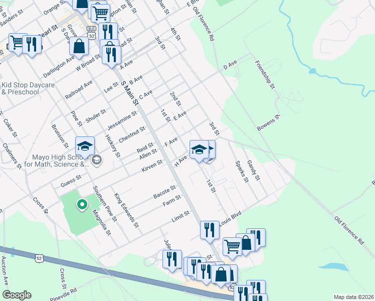 map of restaurants, bars, coffee shops, grocery stores, and more near 201 H Avenue in Darlington