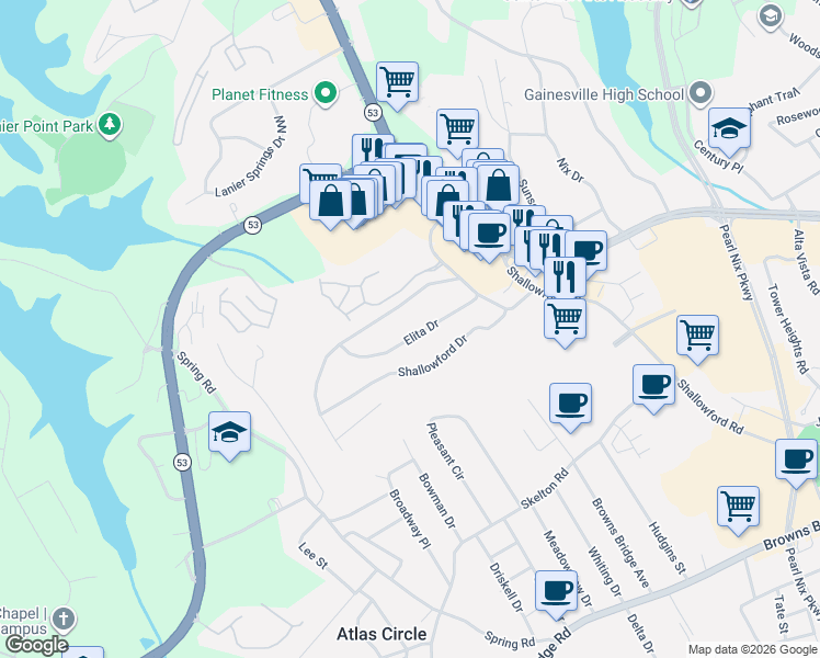map of restaurants, bars, coffee shops, grocery stores, and more near 16 Elita Drive in Gainesville
